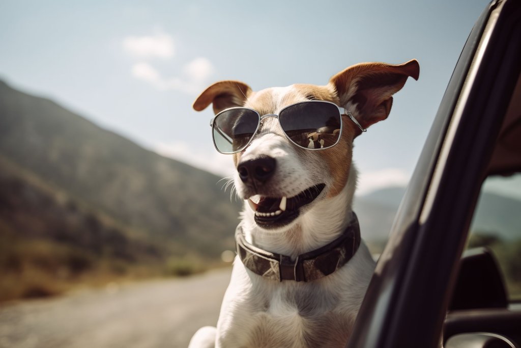A dog wearing sunglasses and sticking its head out the window